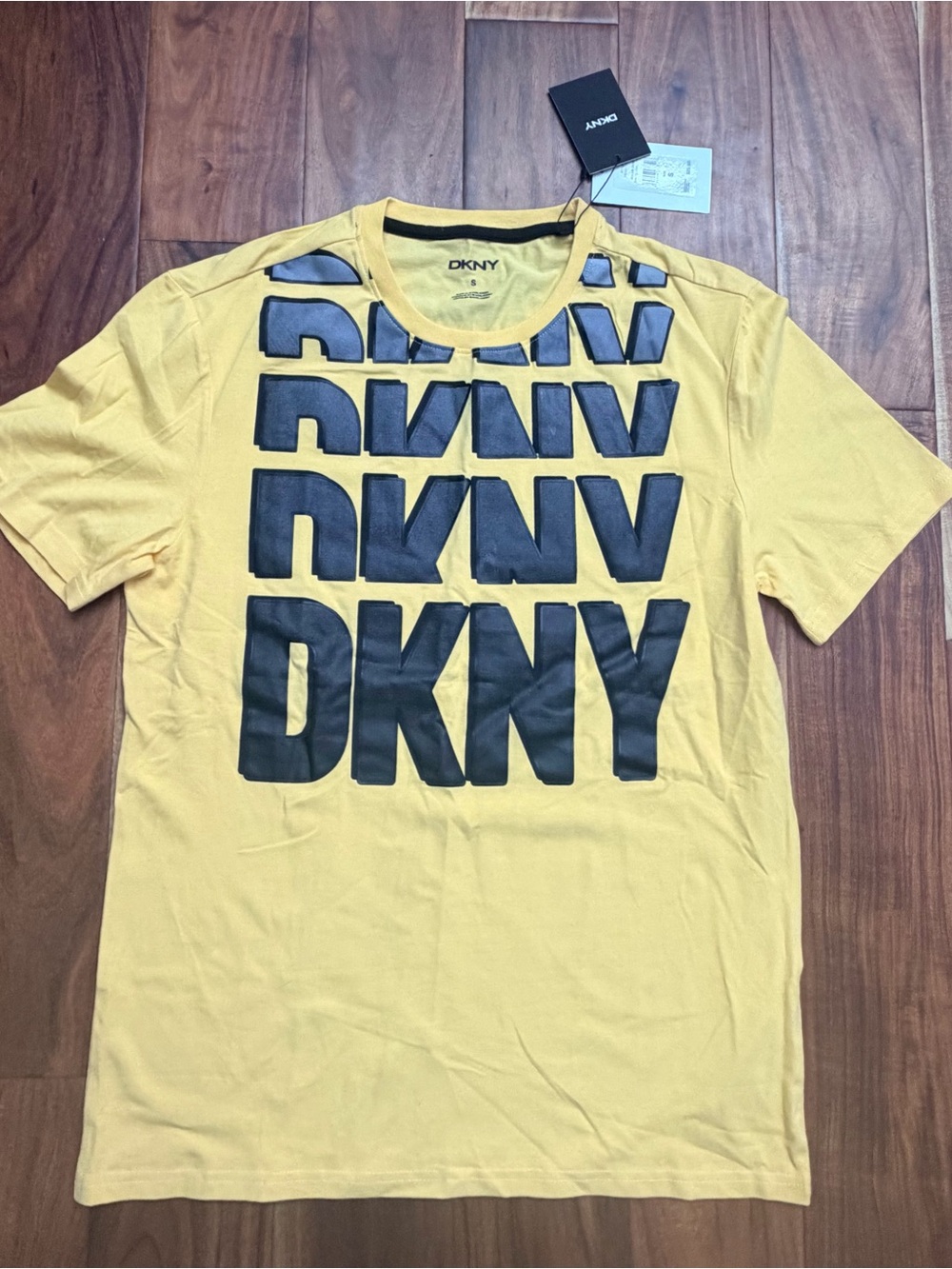 DKNY Yellow Short Sleeve Tee with Stacked Black Logo
